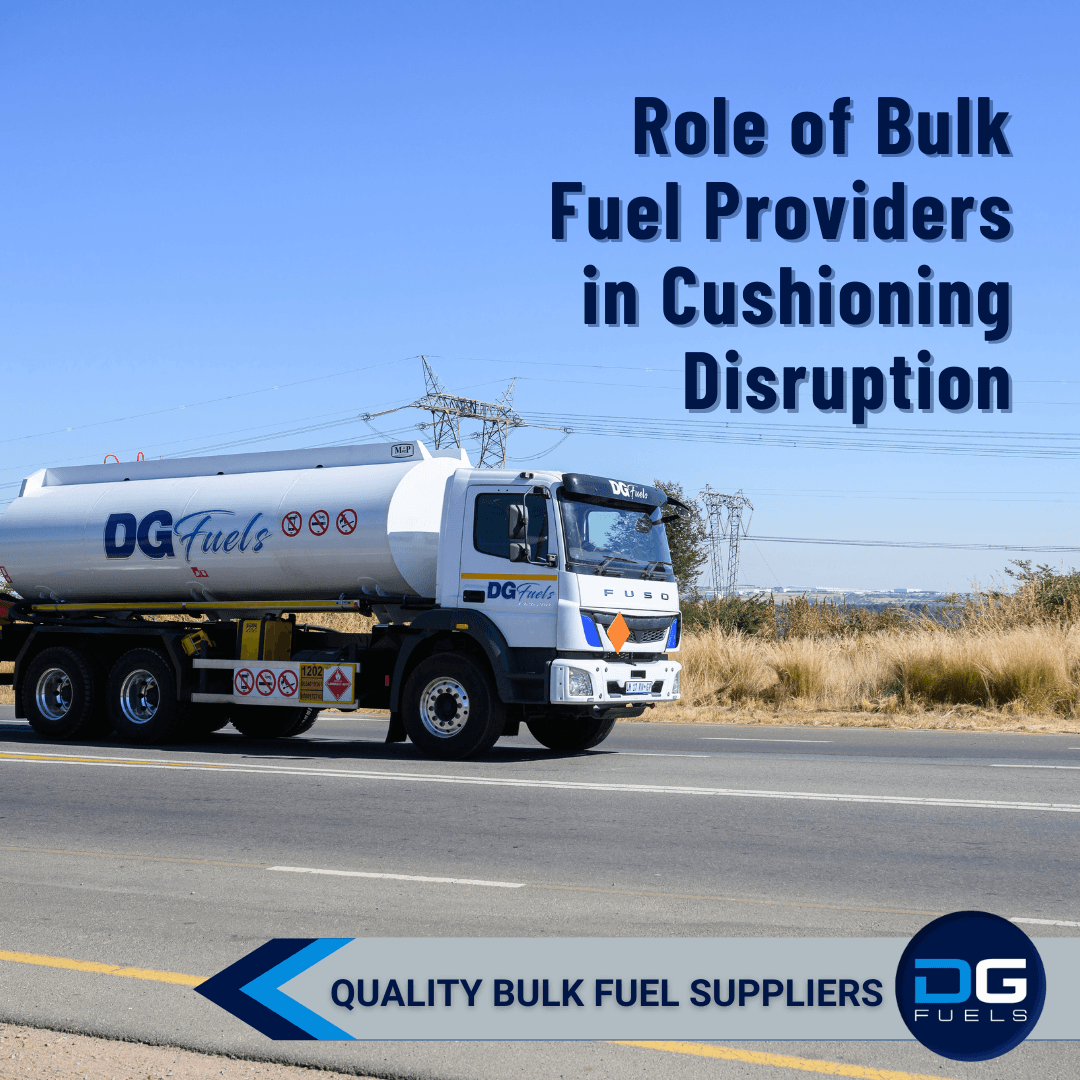 Tanker truck labeled "DG Fuels" on a sunny road. Text reads, "Role of Bulk Fuel Providers in Cushioning Disruption." Emphasizes reliability.