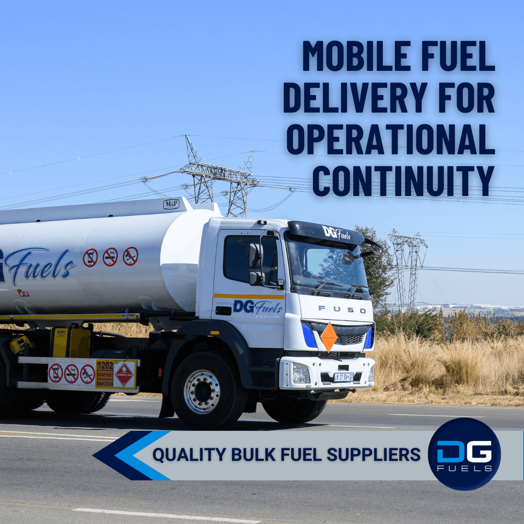 A fuel tanker truck labeled "DG Fuels" is on a road under clear blue skies. Text reads, "Mobile Fuel Delivery for Operational Continuity."